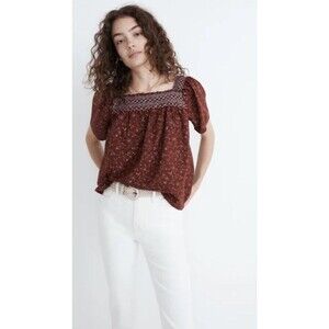 Madewell 2X Square Neck Boho Smocked Top Dotted Vines Floral Short Sleeve Rust